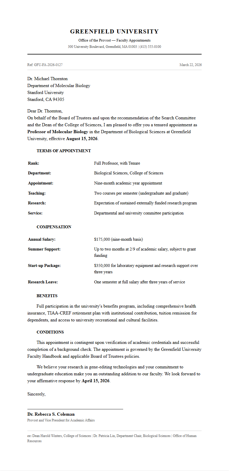 Academic formal job offer letter